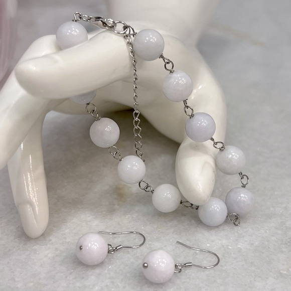 Jewelry - Burmese White Jade Sterling Silver Station Bracelet & Drop Earrings